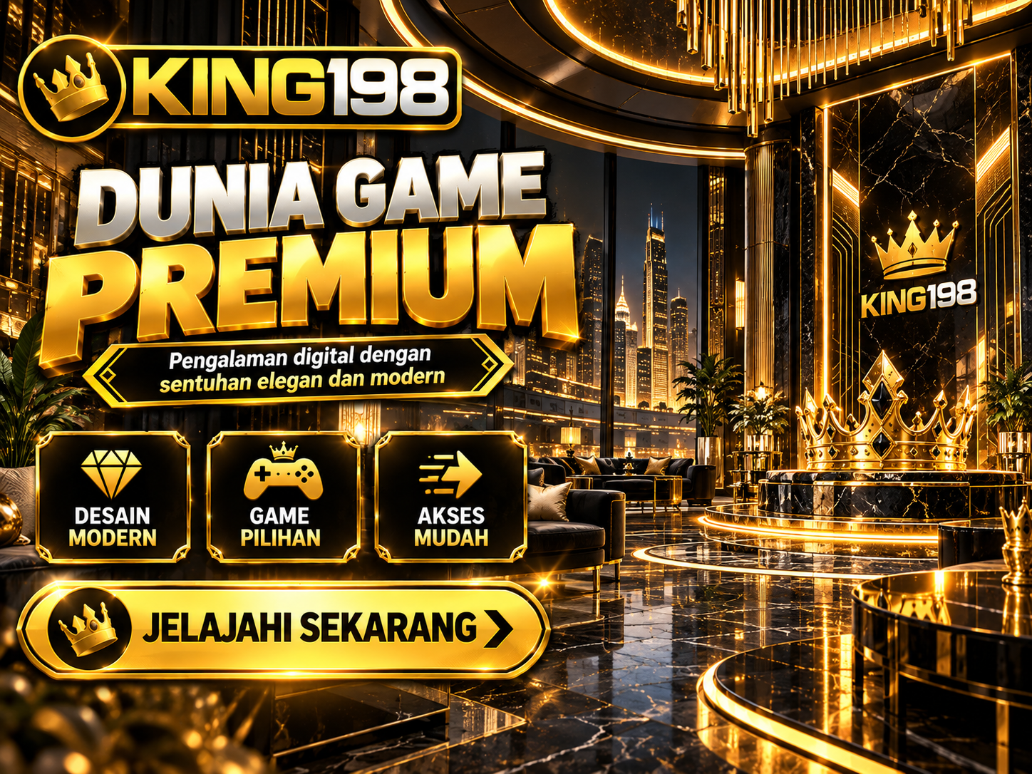 Banner KING198 bertema modern luxury dengan interior marmer hitam, ornamen emas, dan judul Dunia Game Premium.